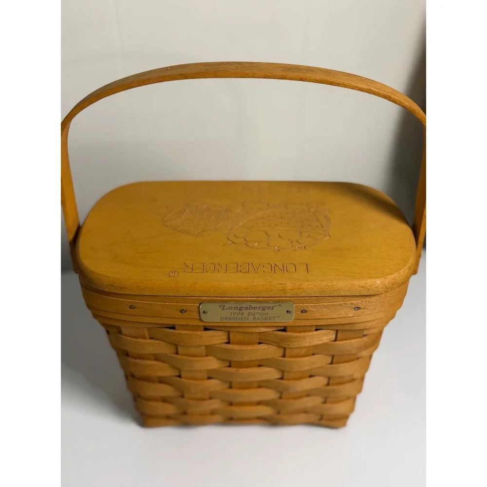 VTG Longaberger Dresden Basket 1994 Edition Wood Lid Woven Picnic Decor Brown